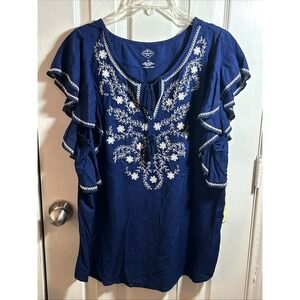 NWT St Johns Bay Navy Blue Floral Embroidered Boho Peasant Blouse Womens XL